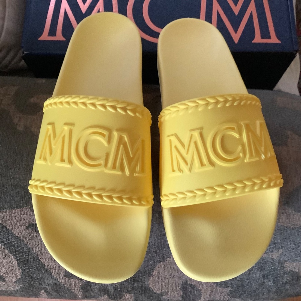 MCM Logo Slide Sandals Yellow SZ12 - Picture 2 of 16